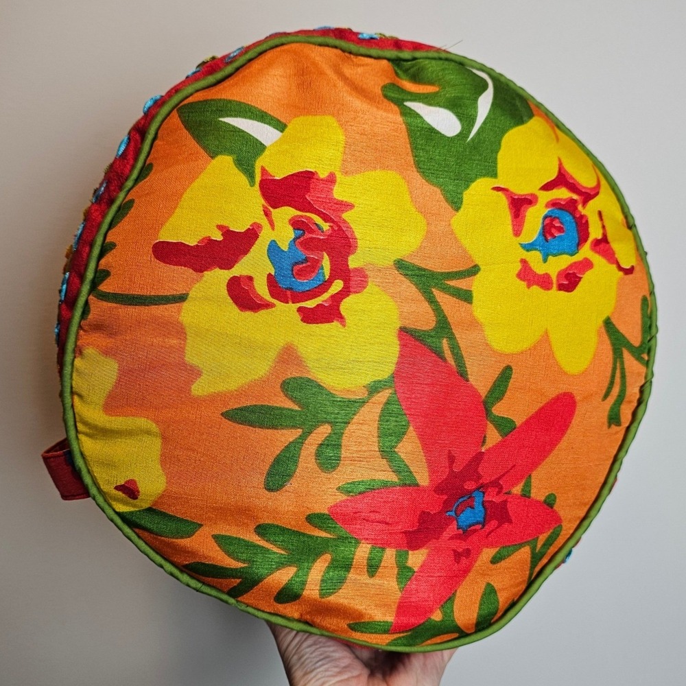 Pier 1 Imports Floral Round Throw Pillow 13" Orange Red Colorful Boho Maximalist - Picture 2 of 8